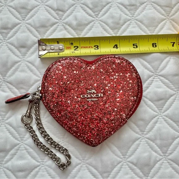 Coach Red Sparkle Glitter Leather Heart Coin Purse Bag Charm Mini Wallet - Picture 5 of 11